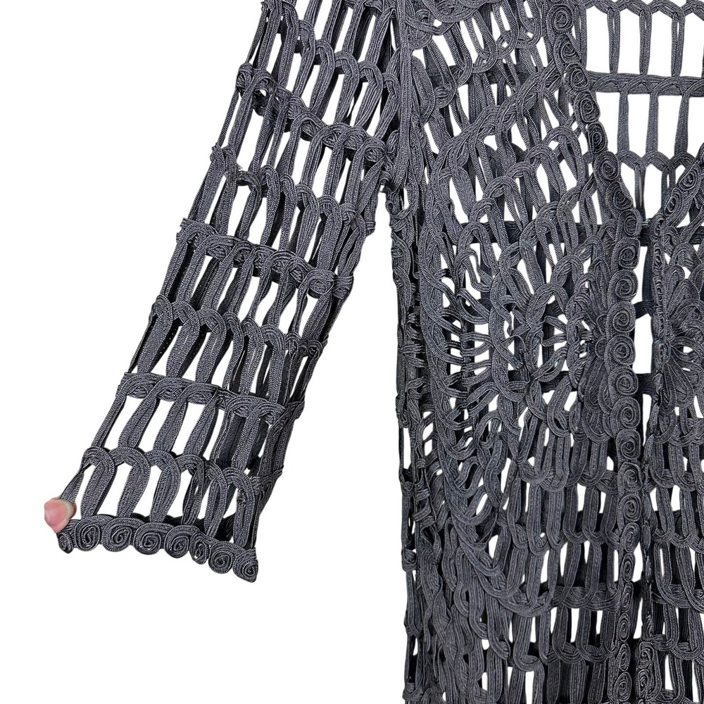 Chico's Travelers Charcoal Plum Crochet Open Front Cardigan Longline Rayon - Picture 5 of 10